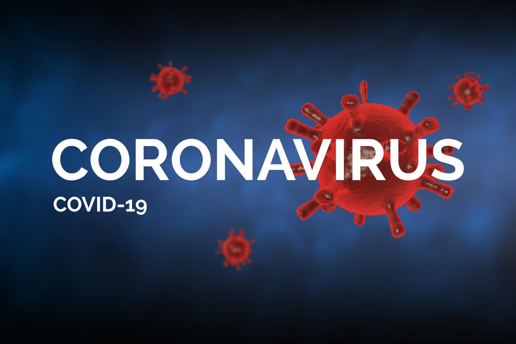 Covid-19 concept image with "Coronavirus covid-19" text against a blue background. Red viruses made with rendering 3D - computer generated image.