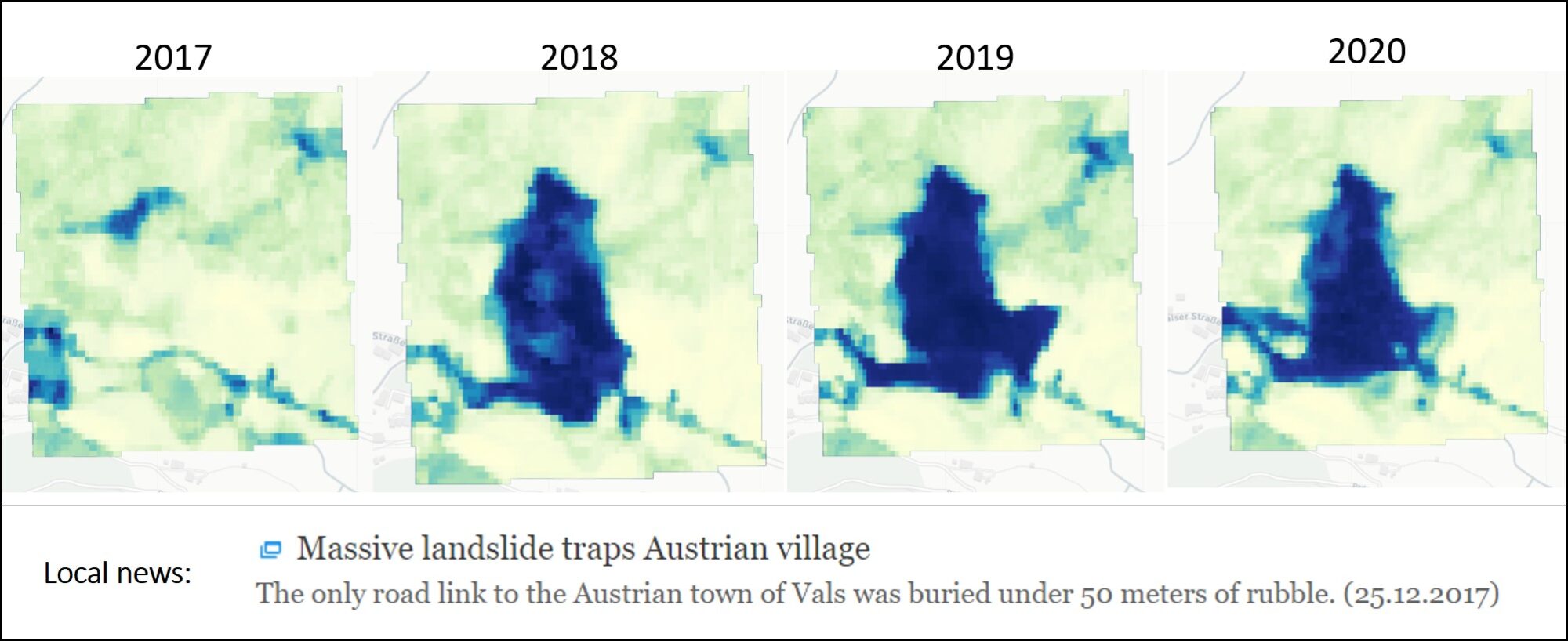 Landslide detection based on semantically enriched Sentinel-2 imagery from 2017-2020.