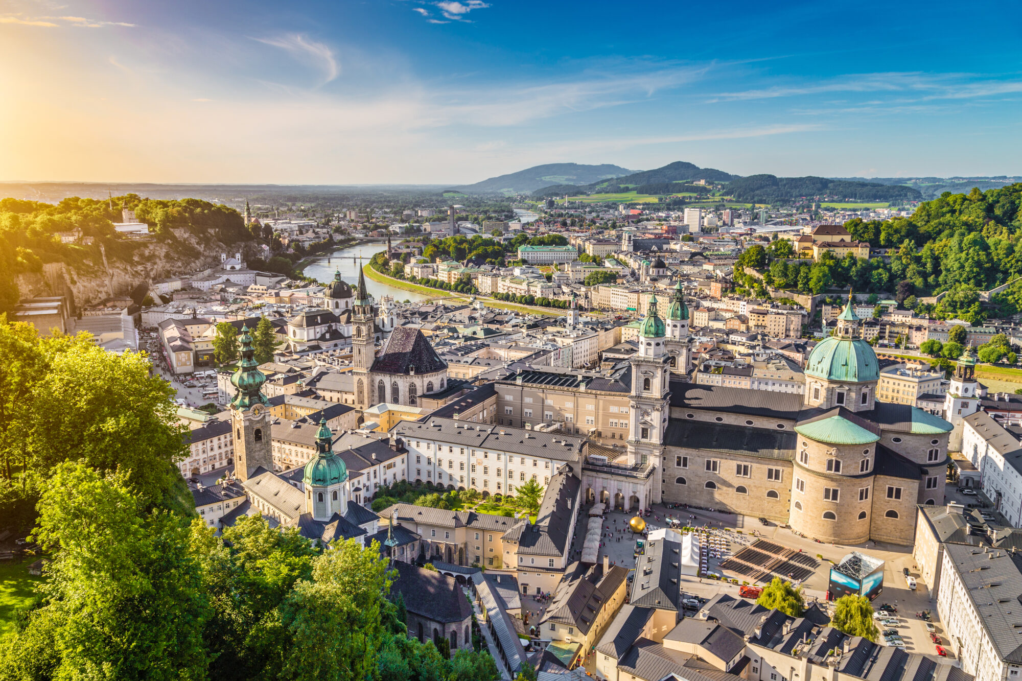 Aerial view of the historic city of Salzburg at sunset, Salzburger Land, Austria.
