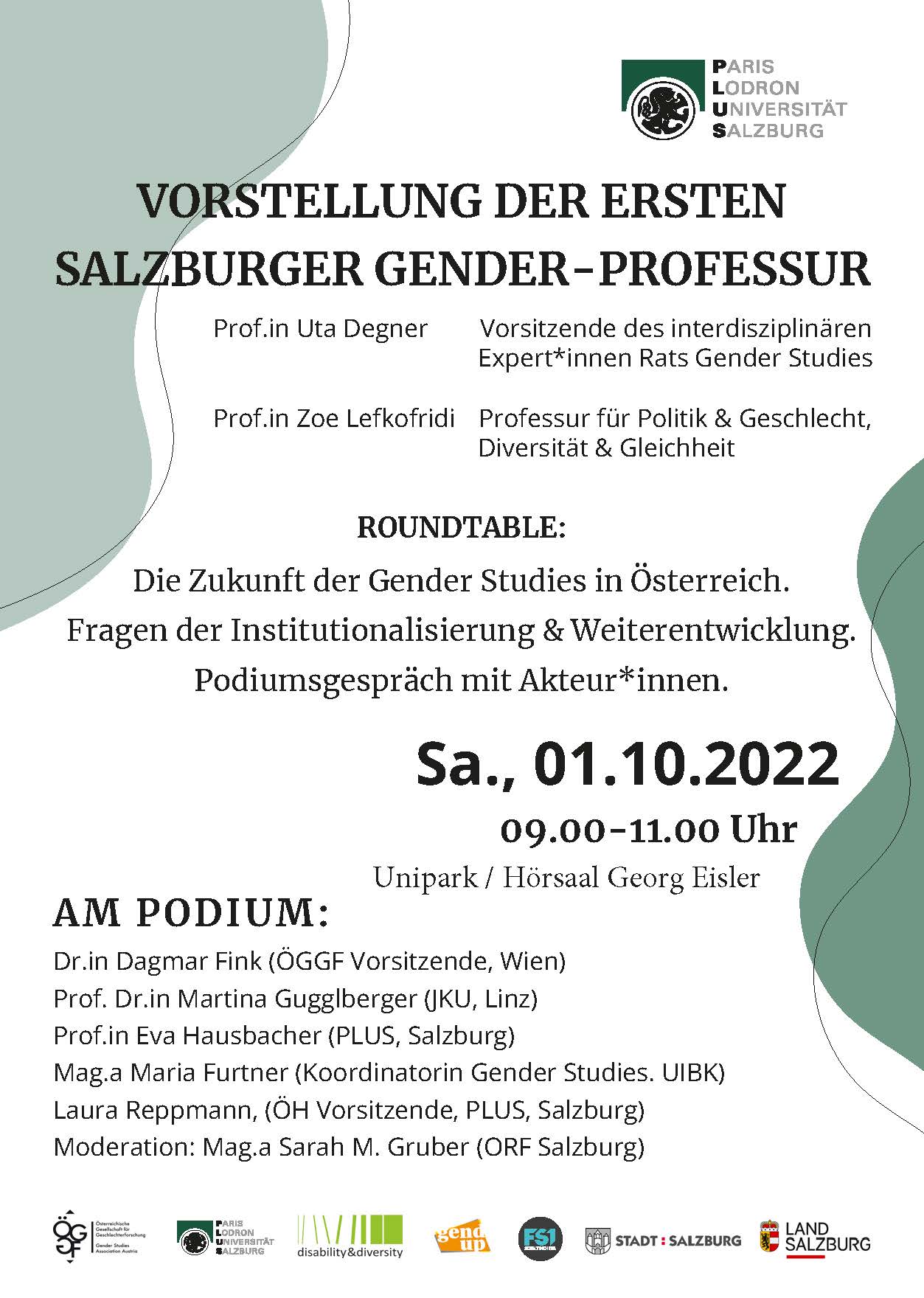 Zum Abschluss der Tagung findet am 01.10. 2022von 09:00 bis 11:00 Uhr der Roundtable zum Thema "Die Zukunft der Gender Studies in Österreich. Fragen der Institutionalisierung & Weiterentwicklung. Podiumsgespräch mit Akteur*innen" statt. 