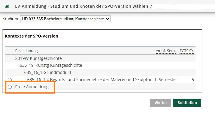 Ansicht aus PLUSonline, Freie Anmeldung