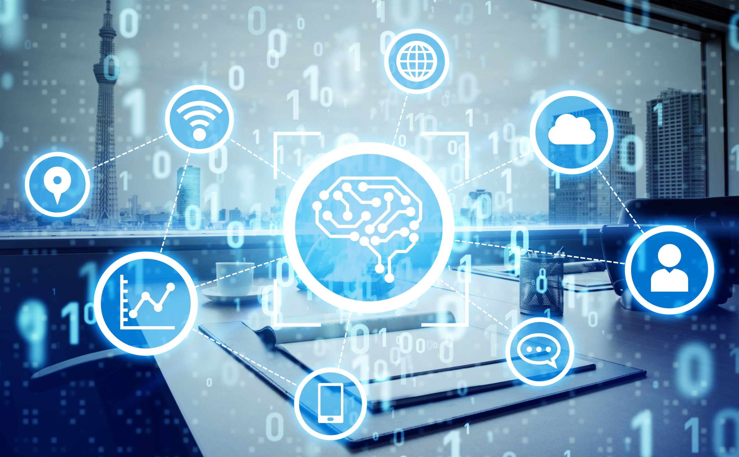 AI (Artificial Intelligence) concept. Electronic circuit. Communication network