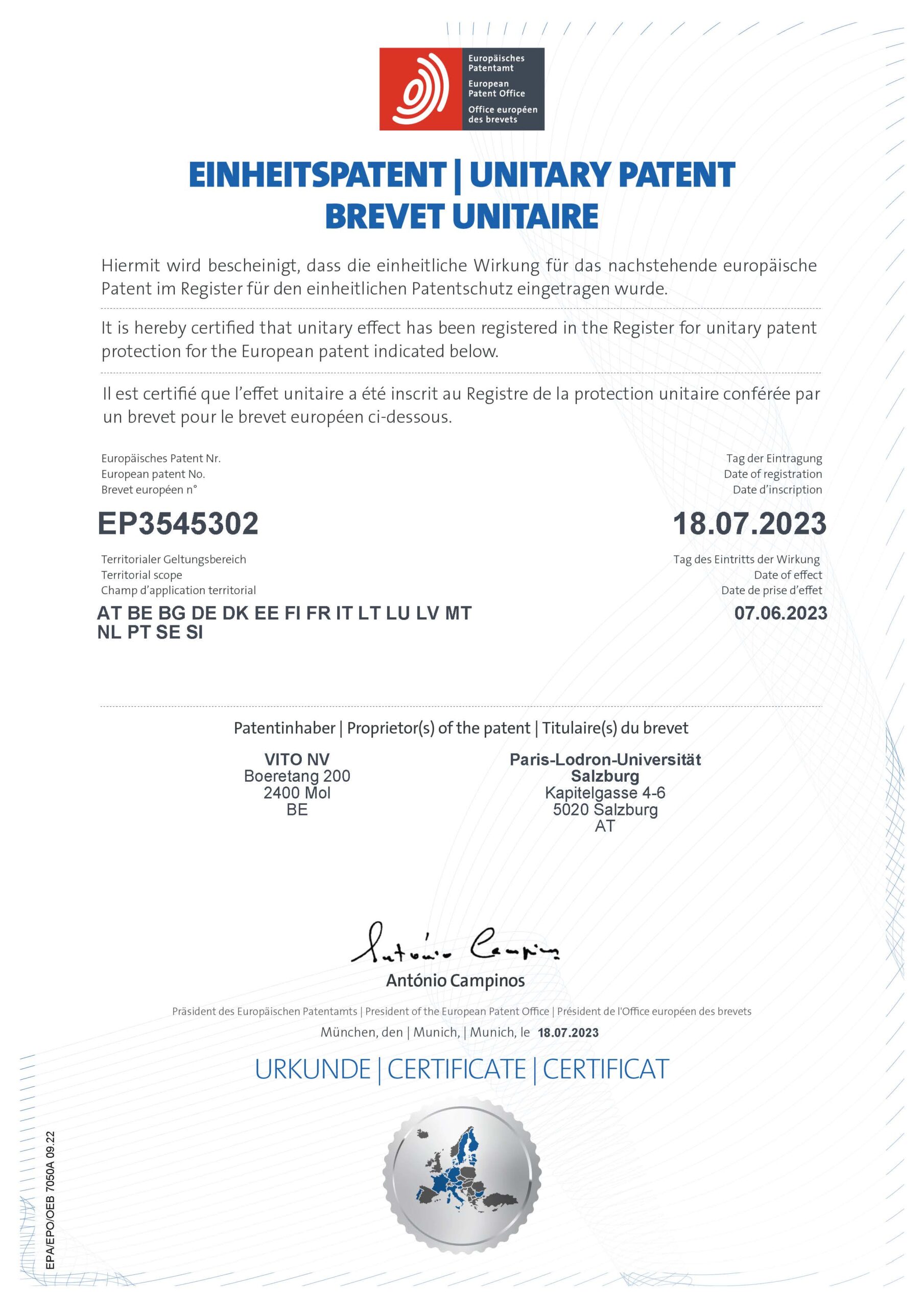 europen patent certificate