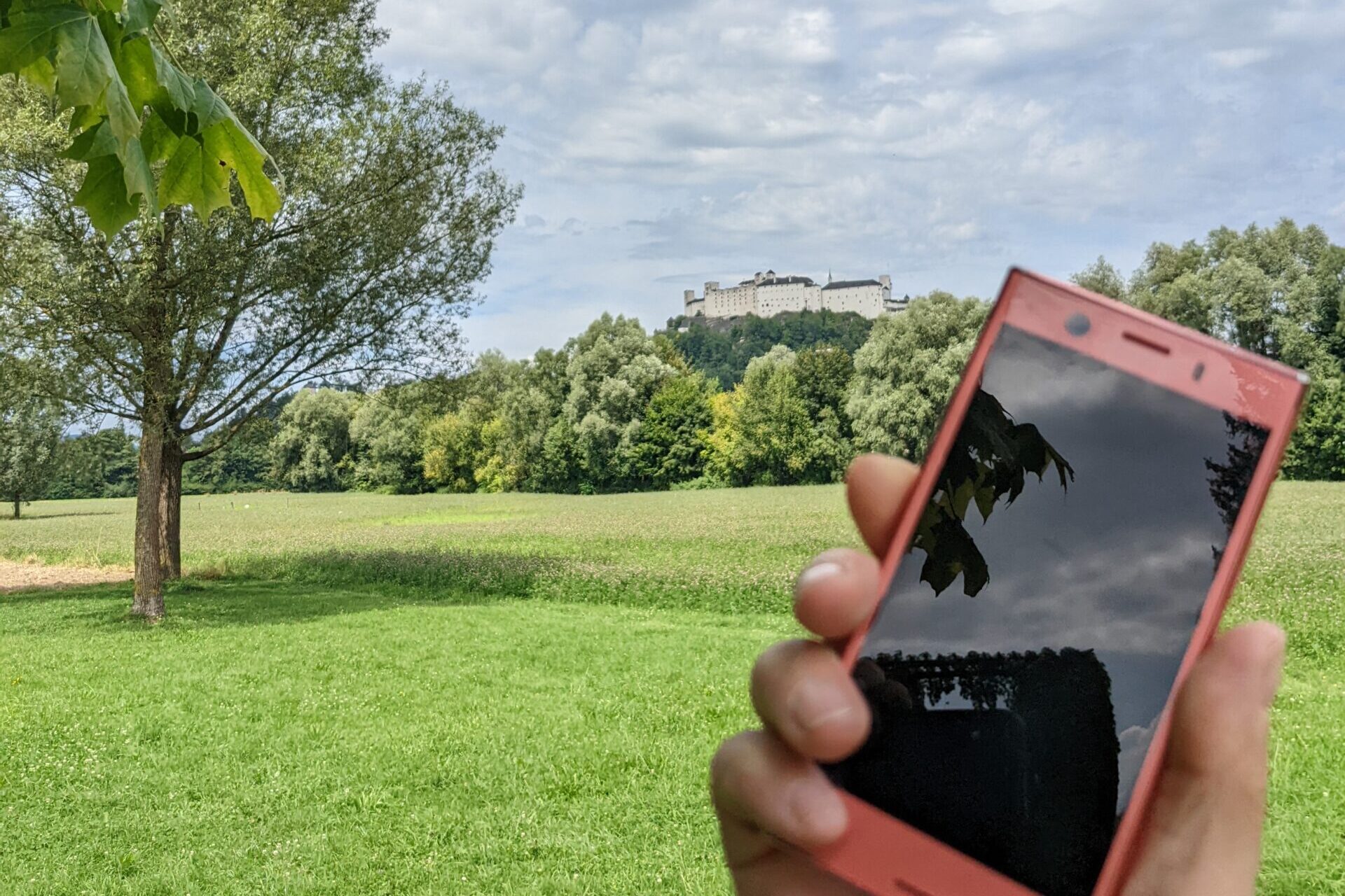 Handy im Grünraum vor Festung