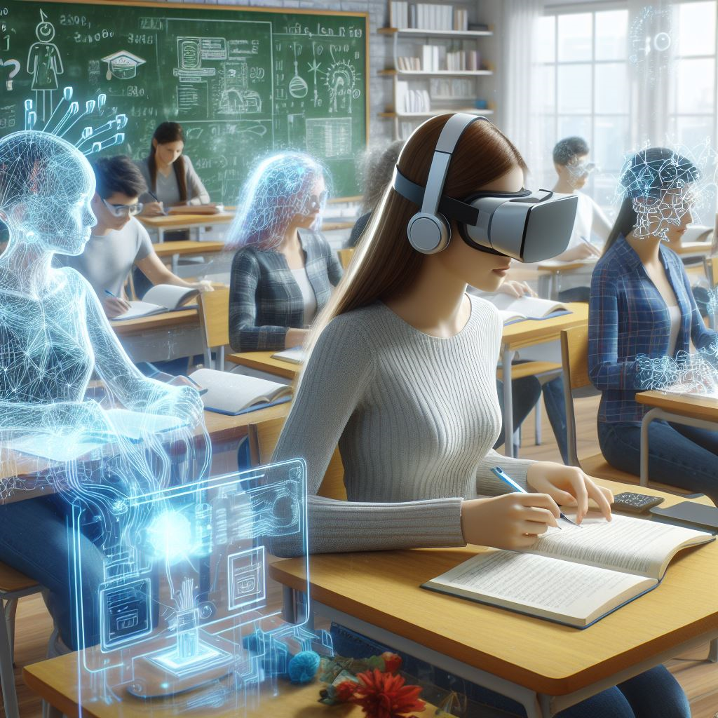 Schüler:innen im Englischunterricht im Jahr 2030, die künstliche Intelligenz und Virtuelle Realität zum Lernen nutzen