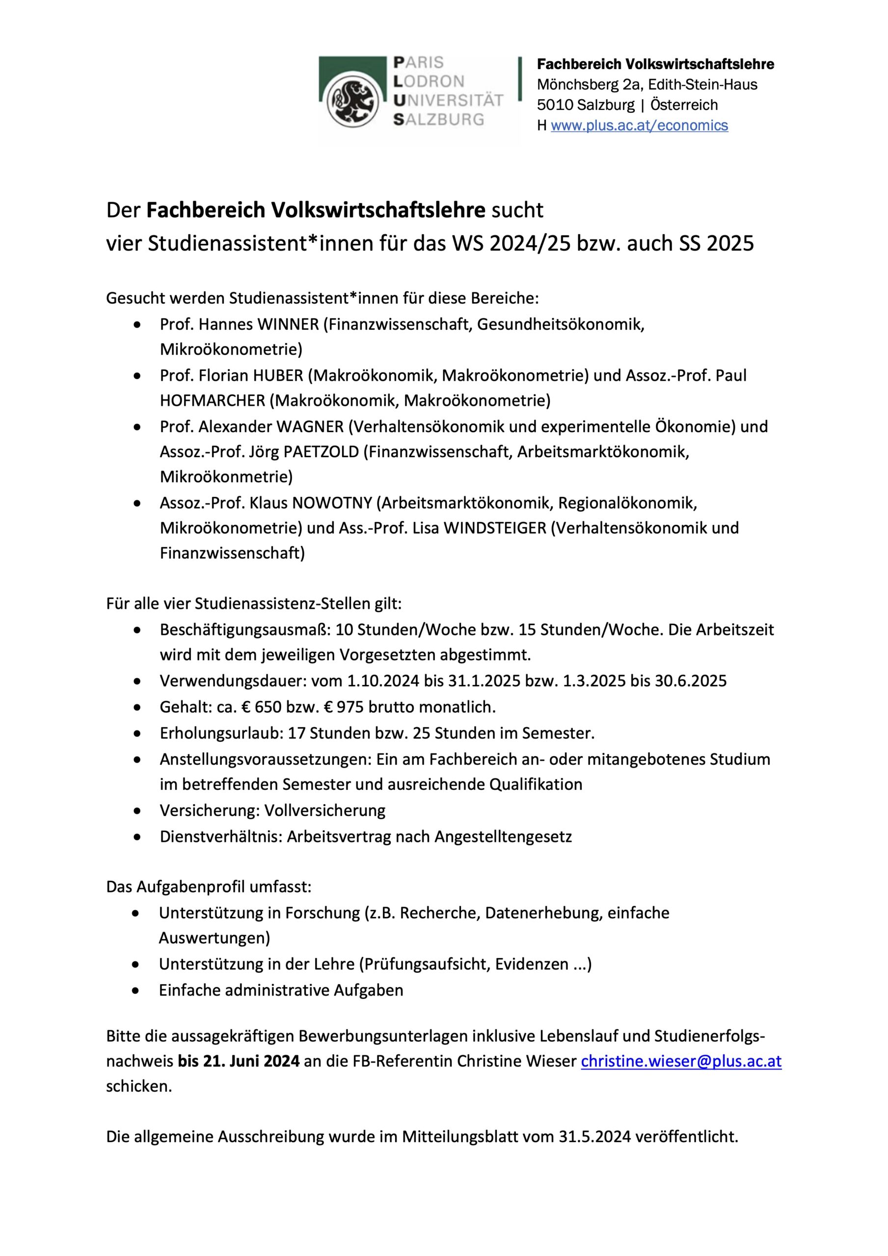 Info zur Ausschreibung StudAss FB VWL