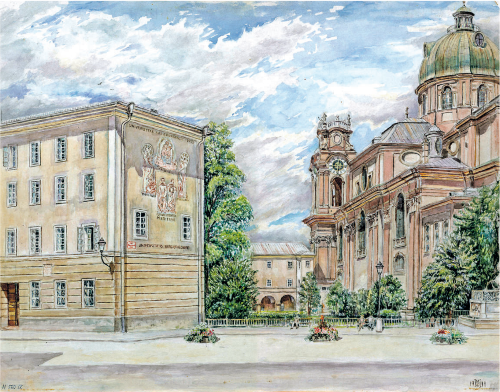 Aquarell des altenUniversitätsgebäudes und Parks von M. Seyfarth, 1977