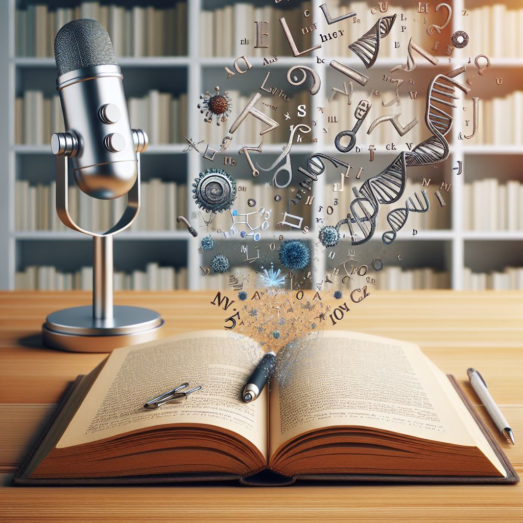 KI-generiertes Bild, das ein offenes Buch auf einem Tisch mit Mikrofon links zeigt, einem Bücherregal dahinter und chemischen Formeln, die aus dem Buch heraus fliegen.