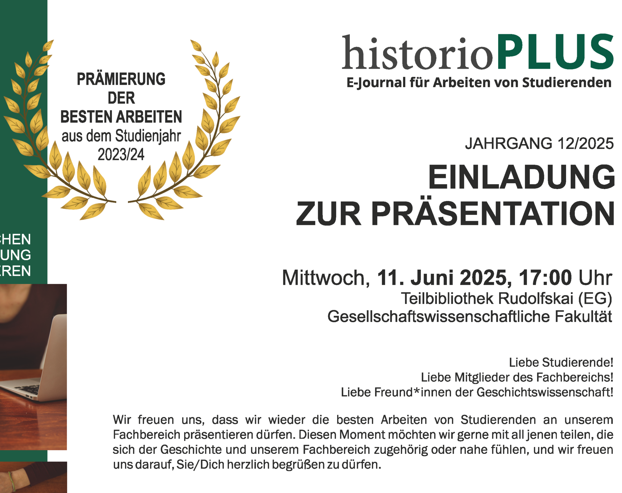 historioPLUS. E-Journal für Arbeiten von Studierenden – JAHRGANG 12/2025 EINLADUNG ZUR PRÄSENTATION