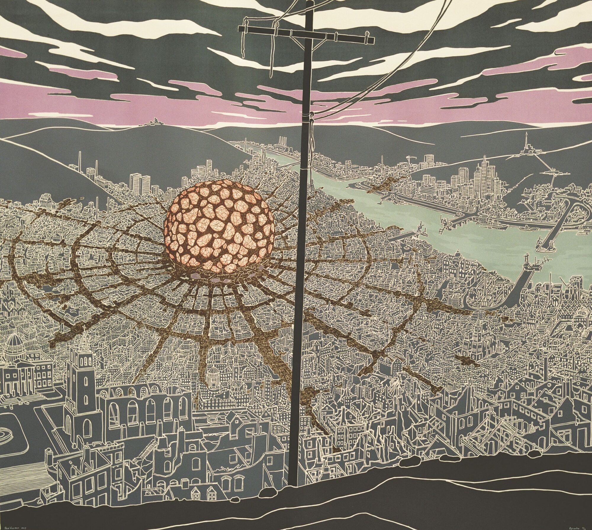 Rob Voerman: Epicenter, 2007. Linoldruck, Siebdruck und Aquarell auf Papier, 201 ×180 cm