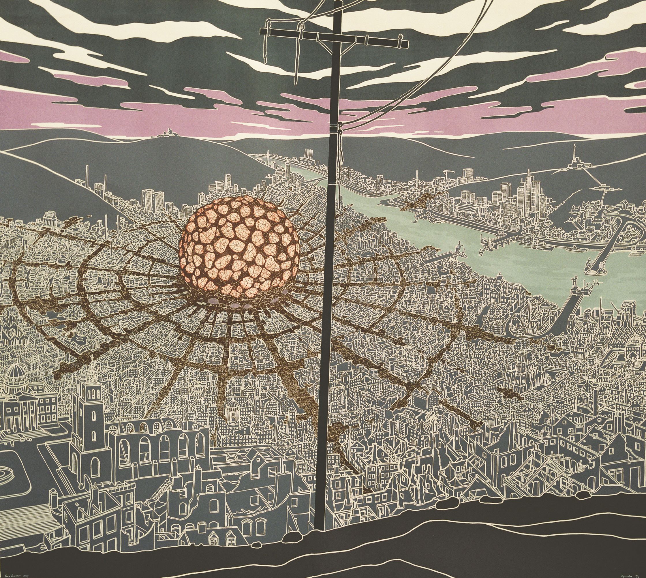 Rob Voerman: Epicenter, 2007. Linoldruck, Siebdruck und Aquarell auf Papier, 201 ×180 cm