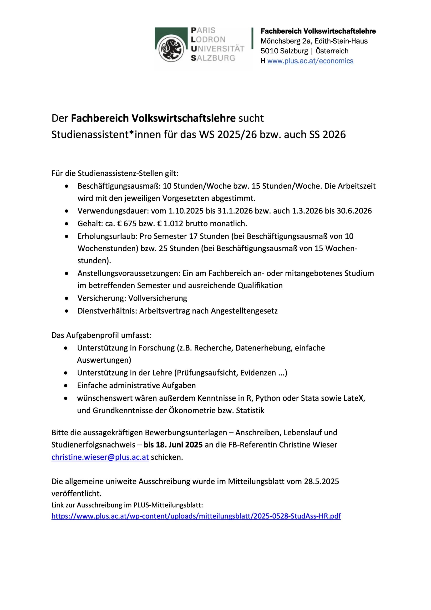 Ausschreibung Studienassistenz VWL