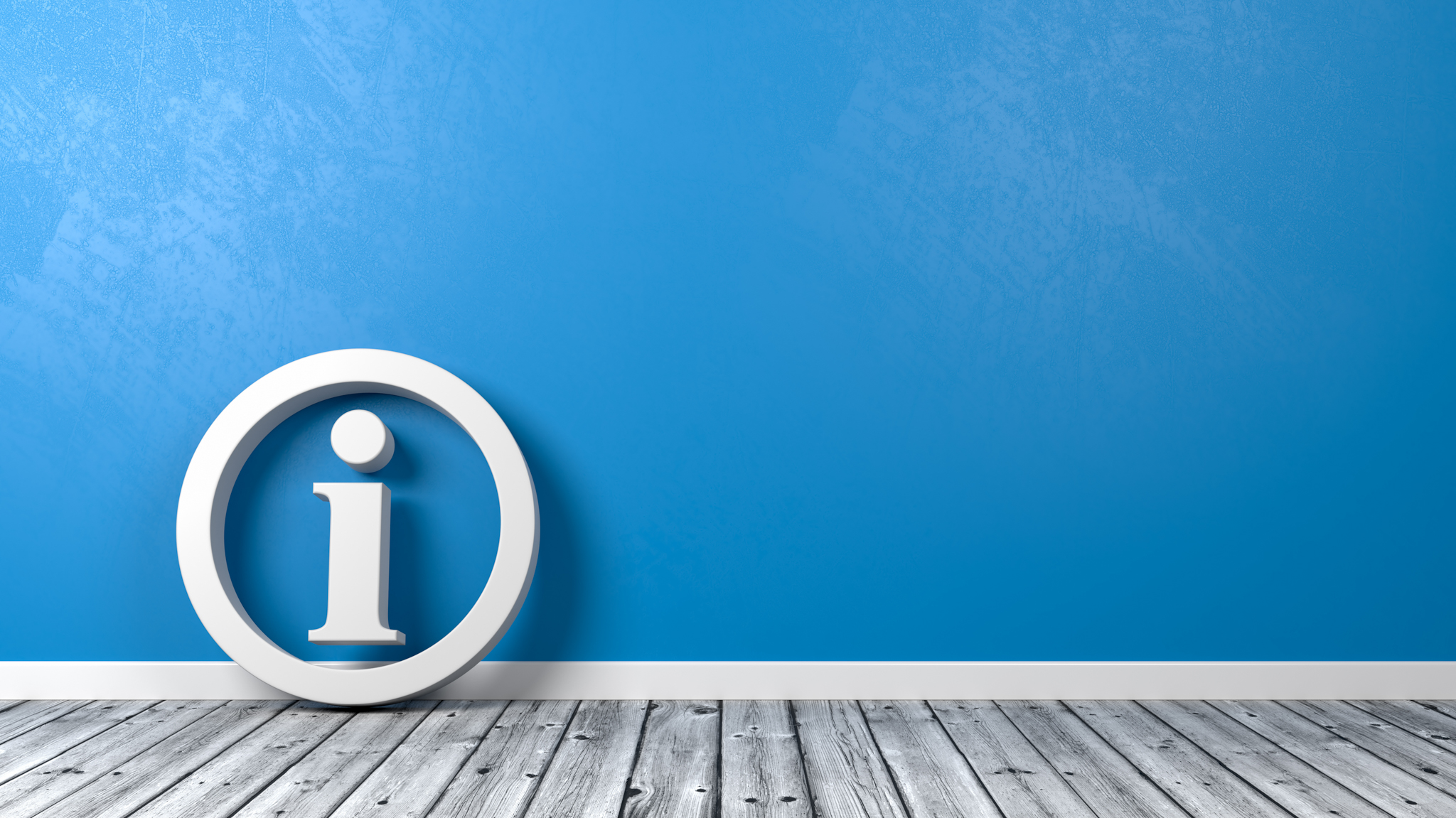 White Information Symbol Shape on Wooden Floor Against Blue Wall with Copyspace 3D Illustration