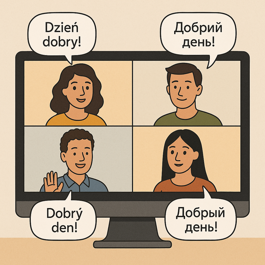 Bildschirm mit mehreren Personen, die "Hallo" in verschiedenen slawischen Sprachen sagen