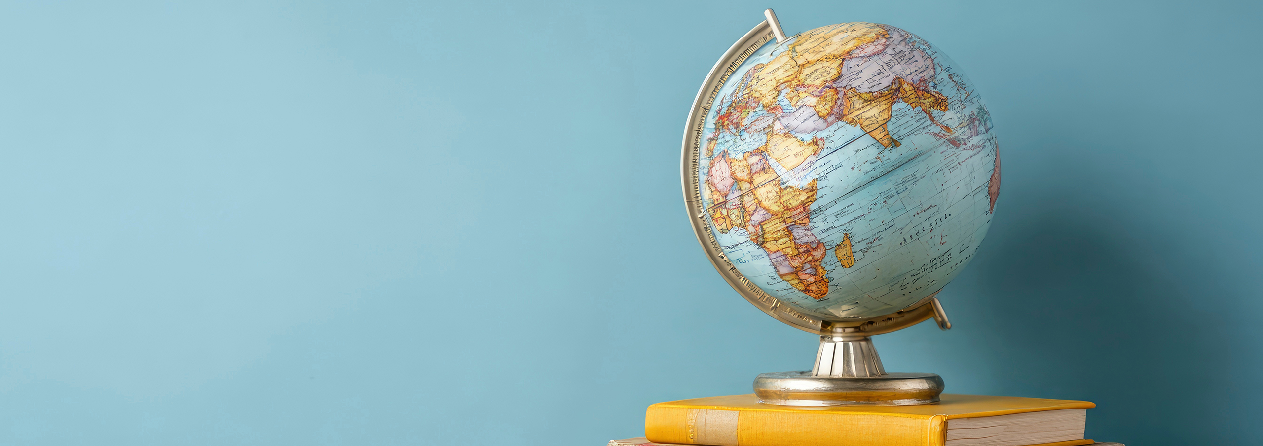 Back to school concept with books and globe on table against blue wall --ar 3:2 --raw --v 7 Job ID: c62c3d80-8fd0-4714-8f58-6cc7114f2b77