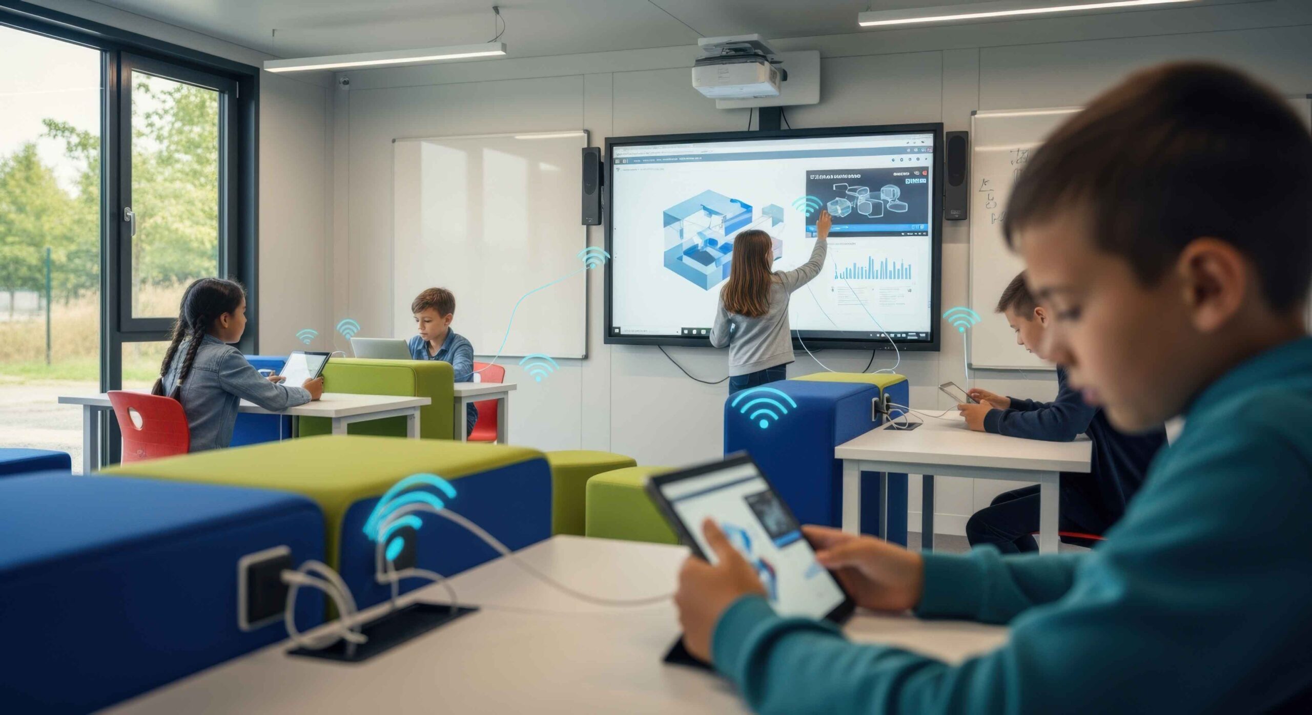 Kinder lernen im Klassenraum mit KI-Technologie