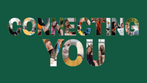 Eine grüne Fläche mit dem Schriftzug "Connecting you".