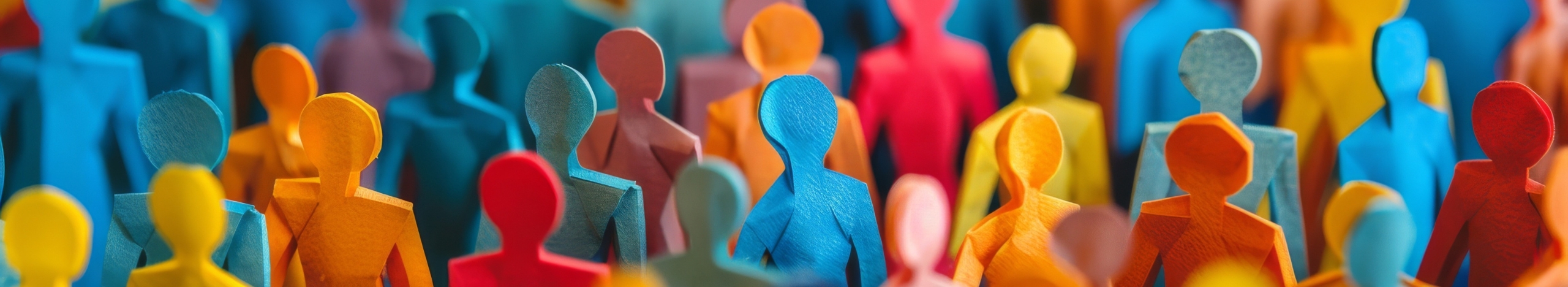 A group of people are standing in a line, with some of them wearing blue and others wearing red. The people are all different sizes and shapes, and they ... 