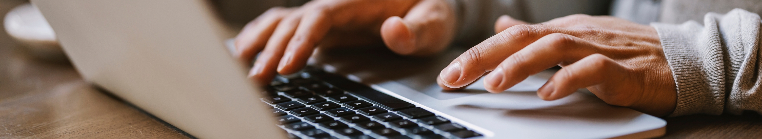 Bannerbild Close up of hands typing on a laptop in coffee shop.