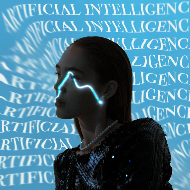 Woman in front of an "AI"-screen