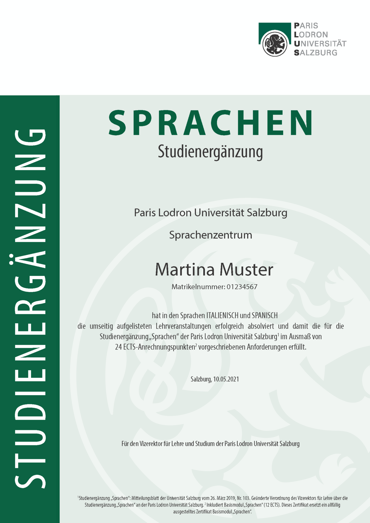 Musterzertifikat Studienergänzung Sprachen