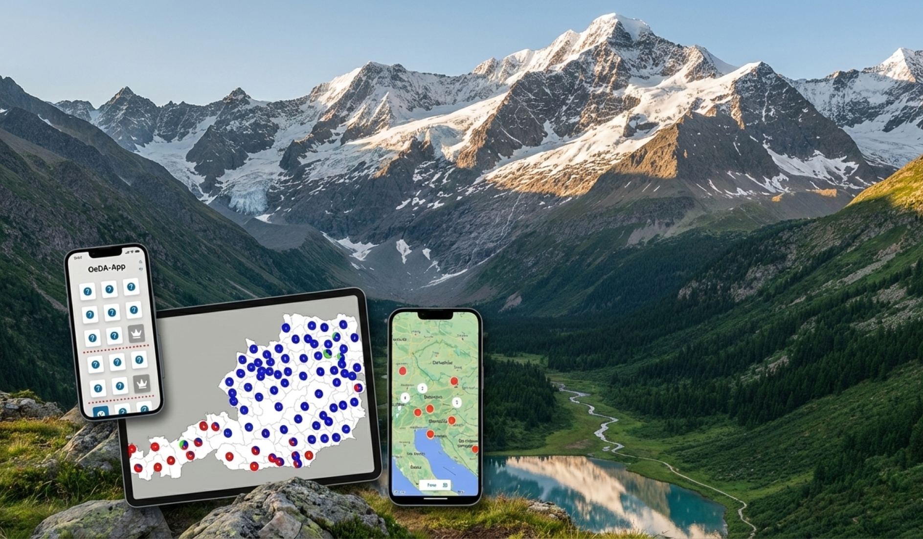 Zwei Mobiltelefonie und ein Tablet zeigen die Dialektapp OeDA vor dem Hintergrund einer gebirgigen Landschaft