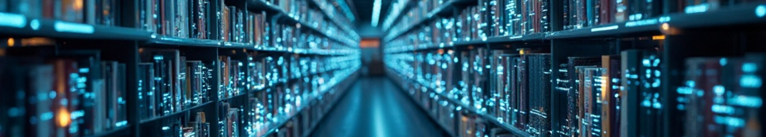 Knowledge awaits with rows of books in a futuristic library offering information and learning for students and researchers alike.