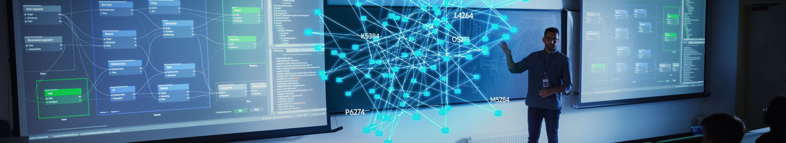 Teacher Lectures on AI with Futuristic Holographic Interface and Data Visualization. Teaching Diverse Students in a Modern Classroom. Interactive Presentation Highlights Advanced Technology Topics