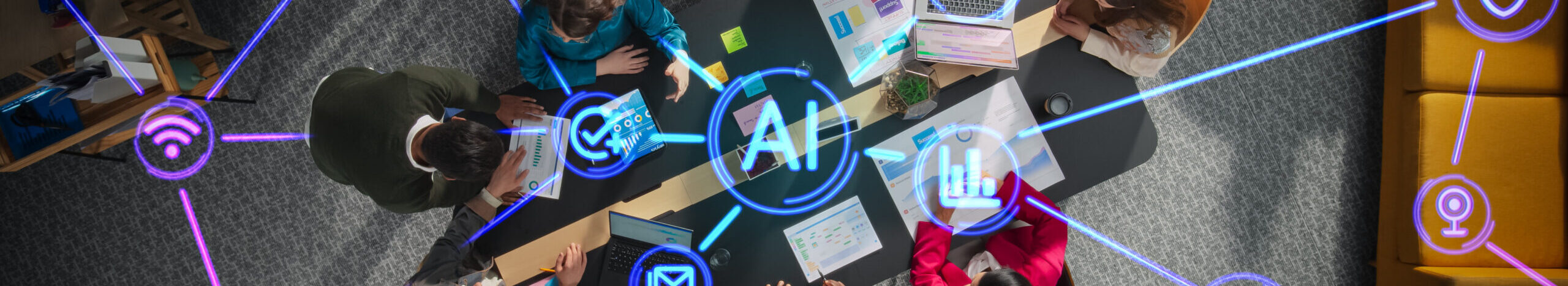 Diverse Team Collaborating with AI Tools in a Modern Office Meeting Room. Top Down View Highlighting Dynamic Interaction and Advanced Technology Integration with Holographic Interfaces