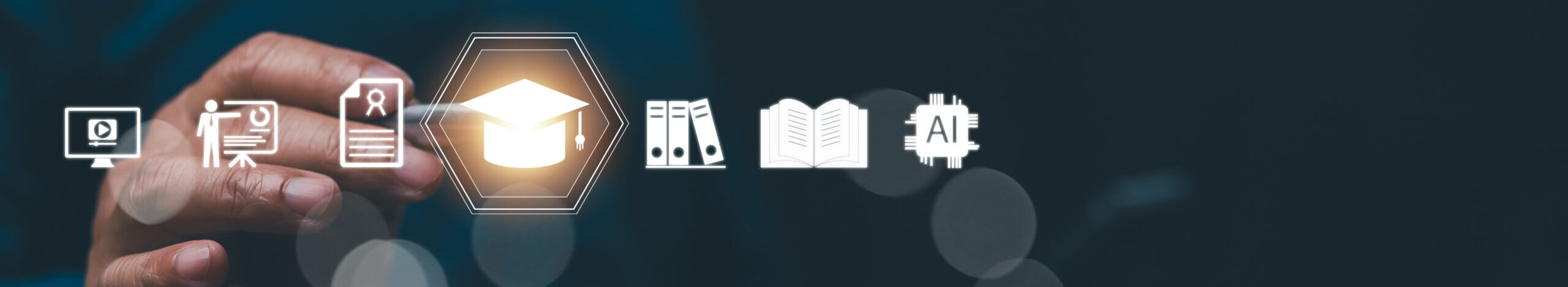 Professional person uses digital technology interface showcasing education icons like graduation cap, artificial intelligence chip, books, certificates. Online learning platform provides virtual