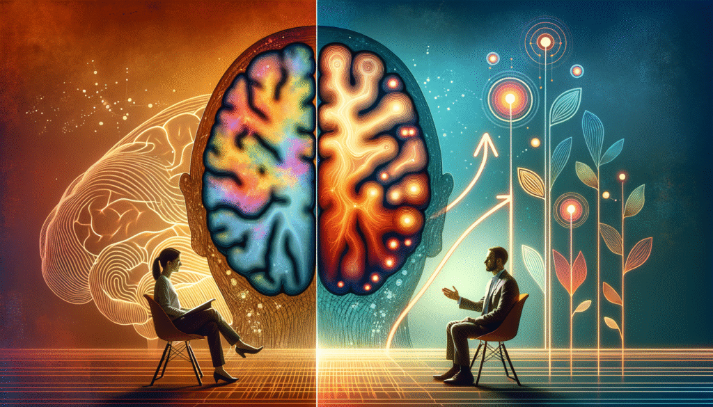 Bild eines Gehirns sowie einer Coachin und einem Klienten