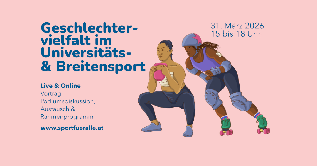 Ank&uuml;ndigung f&uuml;r eine Veranstaltung. Zwei Figuren und Text zur Veranstaltung _Geschlechtervielfalt im Sport. Rosa Hintergrund und Illustration. 