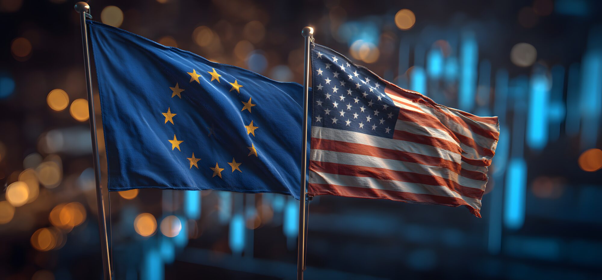Flags of European Union and United States of America waving together, symbolizing international relations, trade agreements, and diplomatic cooperation between two major global powers