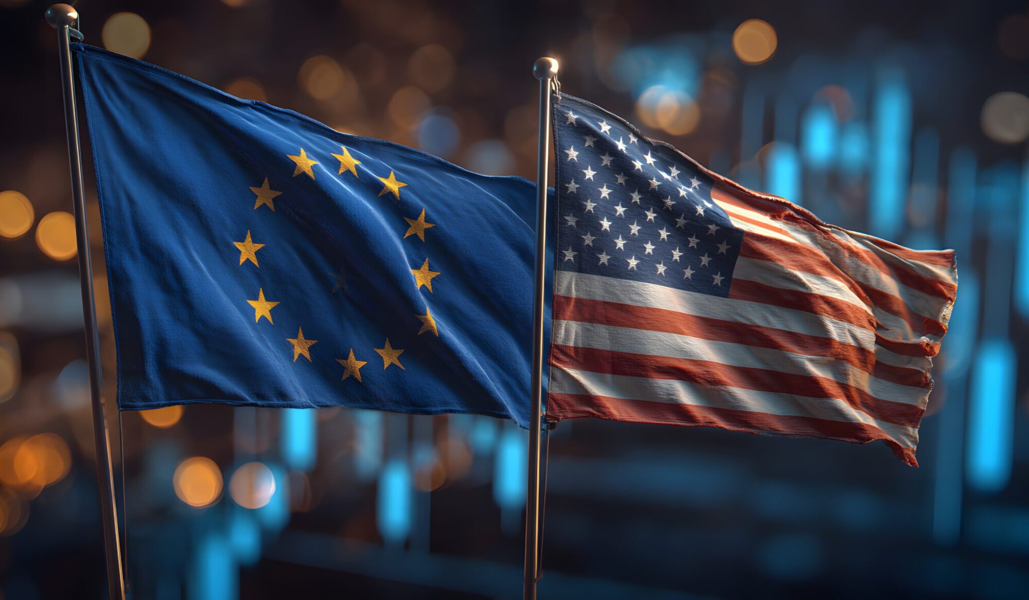 European Union and United States flags wave, symbolizing international relations, trade, and diplomatic cooperation