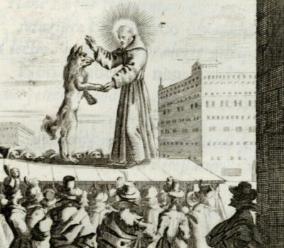 Franz von Assisi und der Wolf von Gubbio, Kupferstich, aus: Wunderbahrliche Histori und Leben de&szlig; H. Seraphischen Vatters Francisci Augsburg 1694, Universitätsbibliothek Salzburg, Sign. R I 88.941