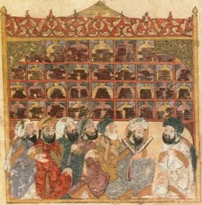 Manuscript illustration by Yaḥyā al-Wāsiṭī (1237), scholars in an Abbasid library in Baghdad; Biblioth&egrave;que Nationale de France&nbsp;(photo: wikimedia commons)