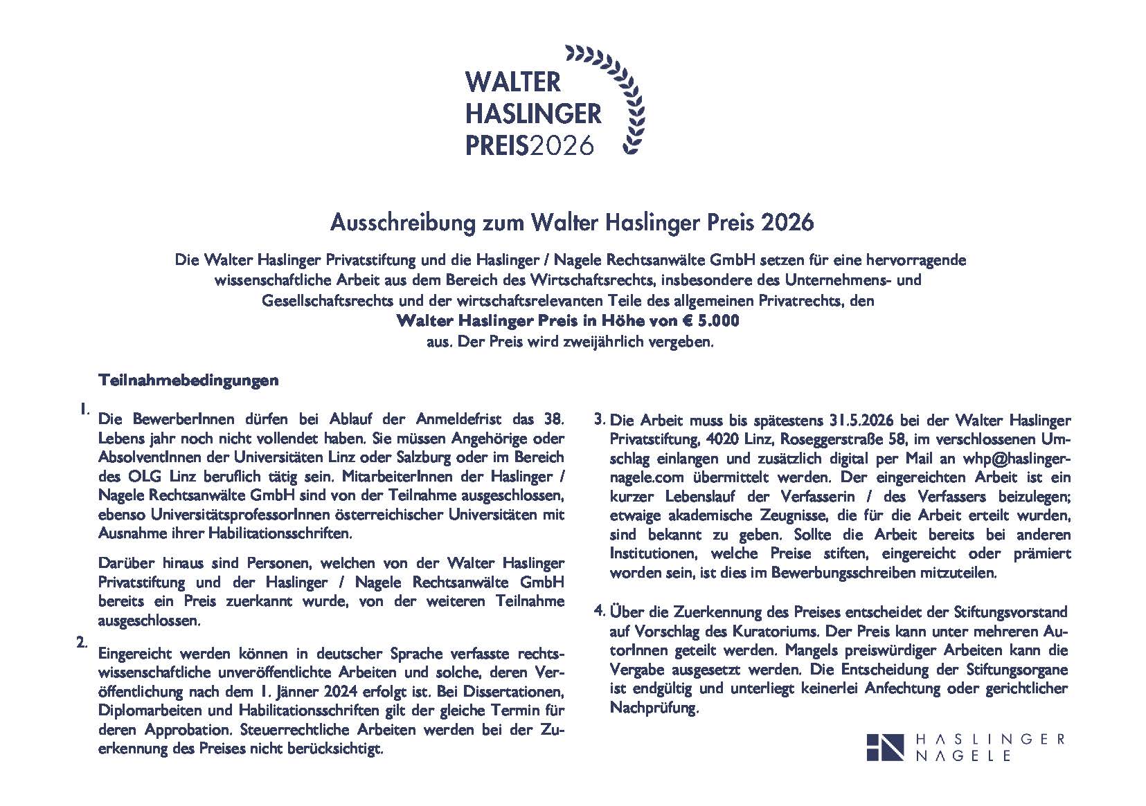 WALTER HASLINGER PREIS 2026
