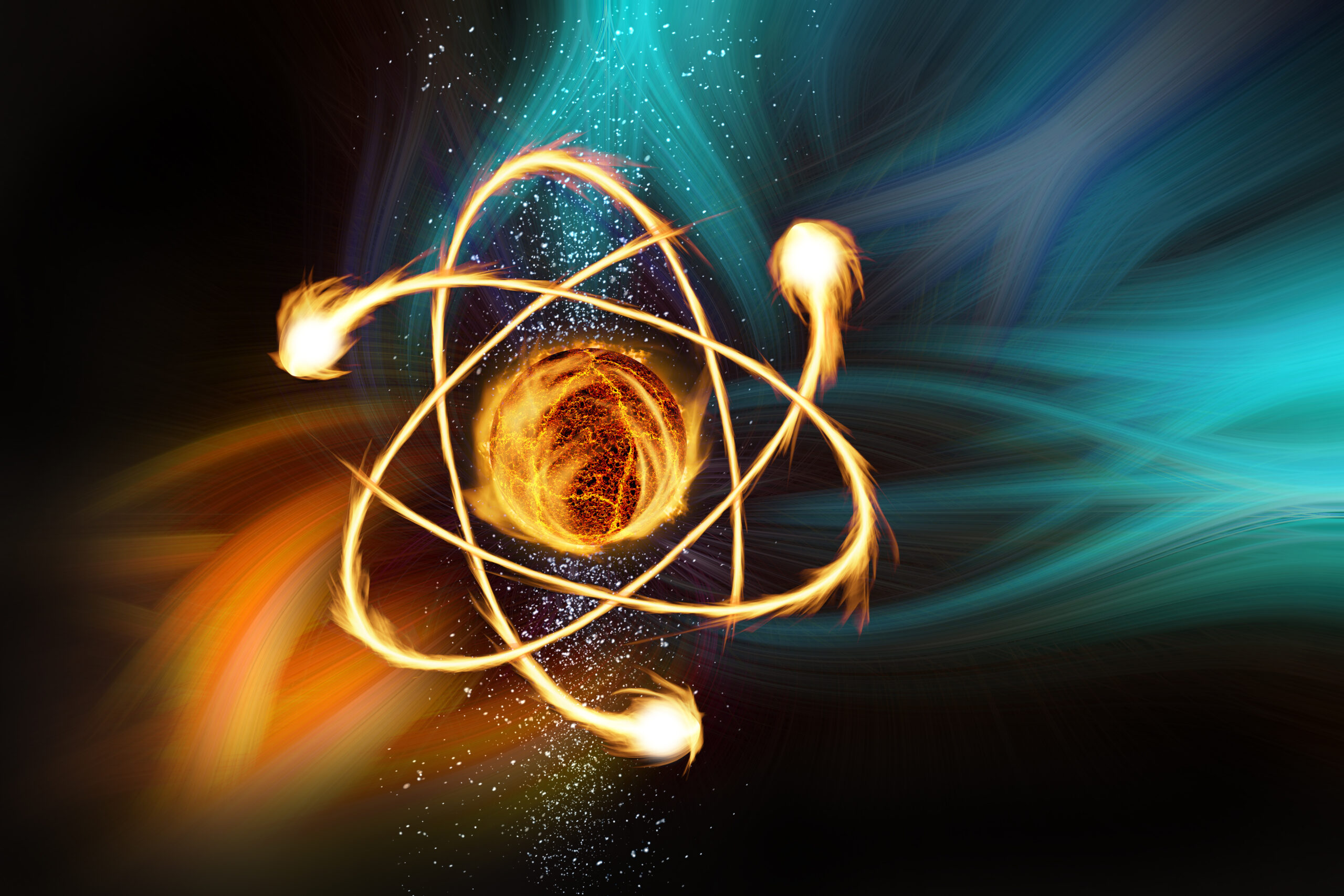 Close up of colorful atomic particle background science 3D illustration