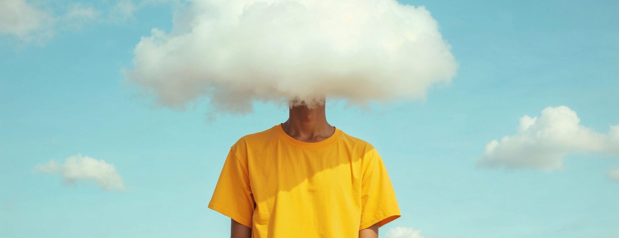 Abbildung eines Menschen, der den Kopf in den Wolken hat