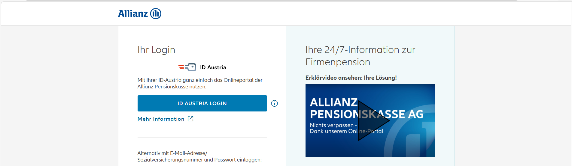 Dieses Bild ist ein Screenshot der Login-Seite der Allianz Pensionskasse. Mit der ID Austria kann man sich einloggen.