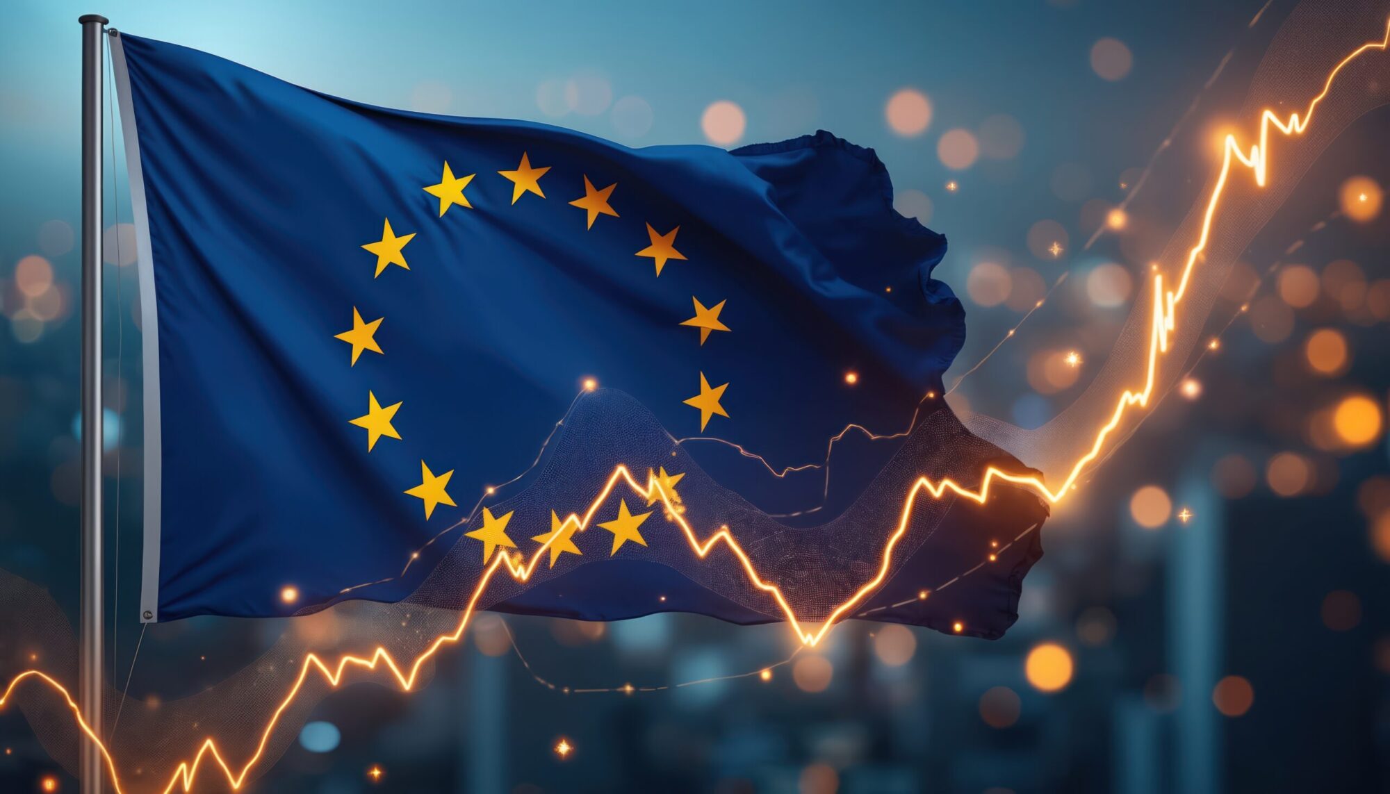 European Union flag with glowing economic graph