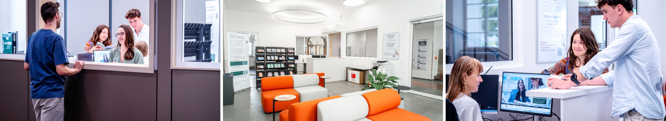 Collage mit drei Bildern nebeneinander, wobei Bild 1 und 3 Beratungssituationen im Studierenden Service Center zeigen und Bild 2 einen Innenraumaufnahme des Centers ohne Personen.