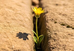 Gelbe Blume w&auml;chst durch Spalt zwischen Steinen