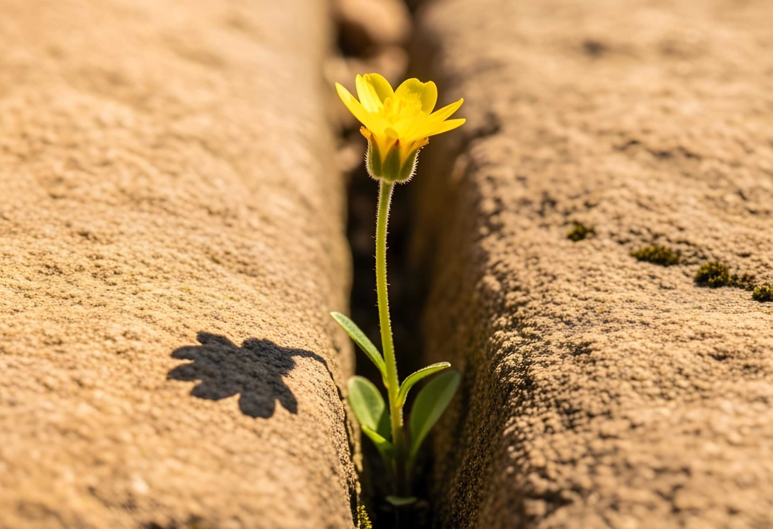 Gelbe Blume wächst durch Spalt zwischen Steinen