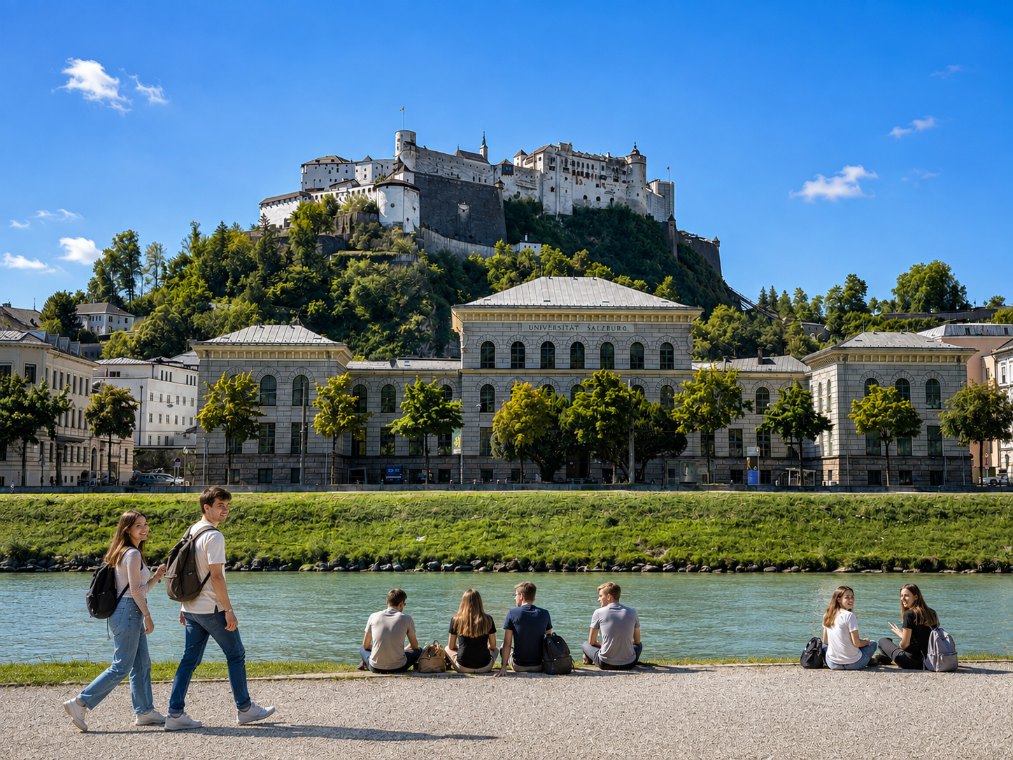 Blick auf Salzach und Uferseite Rudolfskai mit dem Geb&auml;ude der Universit&auml;t Salzburg und der Festung Hohen Salzburg - im Vordergrund Studierende