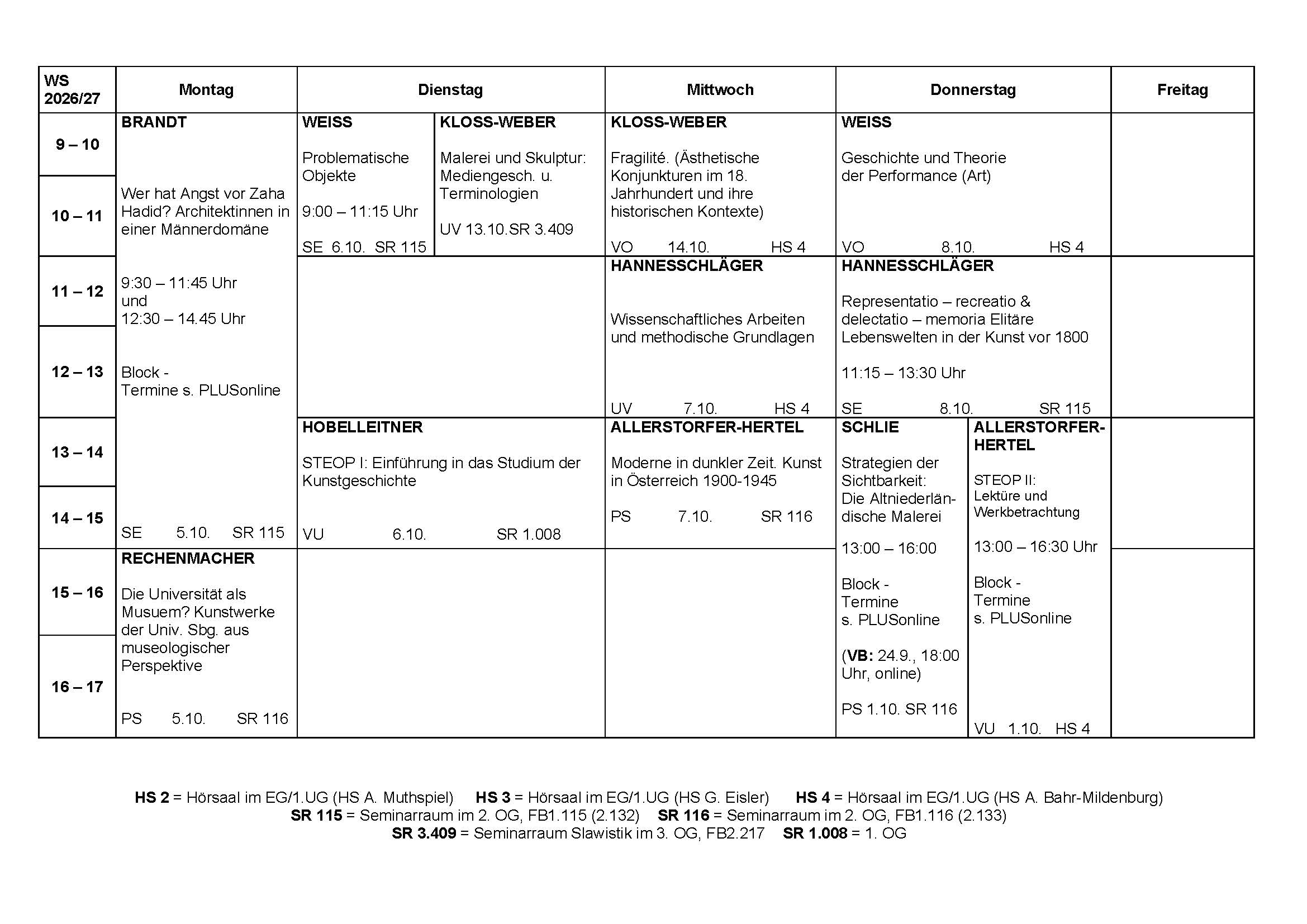Stundenplan Wintersemester 2026/27