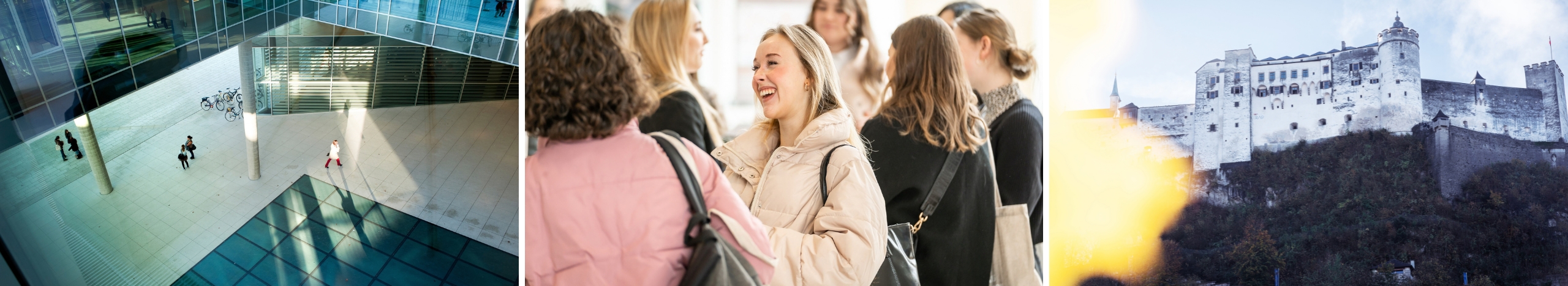 Header-Bild zum Thema Studieren in Salzburg mit Eindr&uuml;cken der Festung, von Studierenden und dem Standort UNIPARK