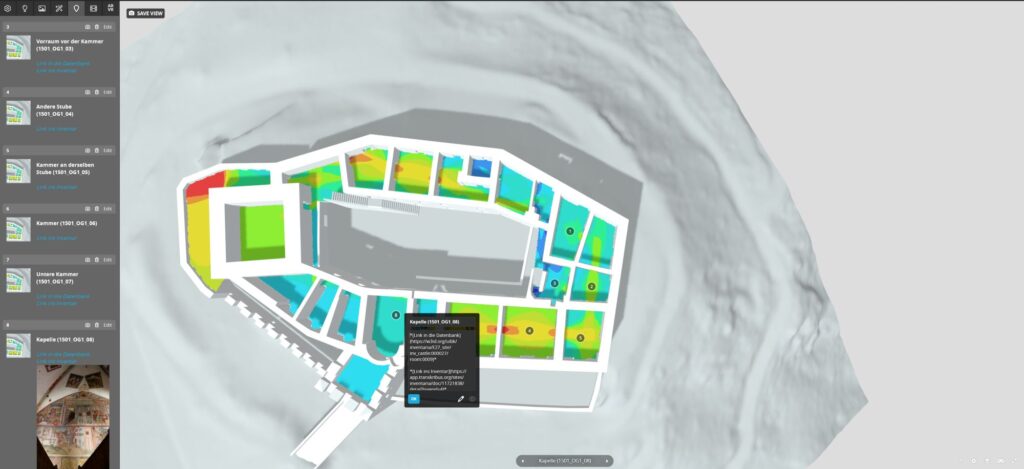 Der Screenshot zeigt am Beispiel von Schloss Bruck (Lienz, Osttirol), wie im Geb&auml;udemodell von Sketchfab Markdown-Annotationen hinzugef&uuml;gt und Bilder verkn&uuml;pft werden.